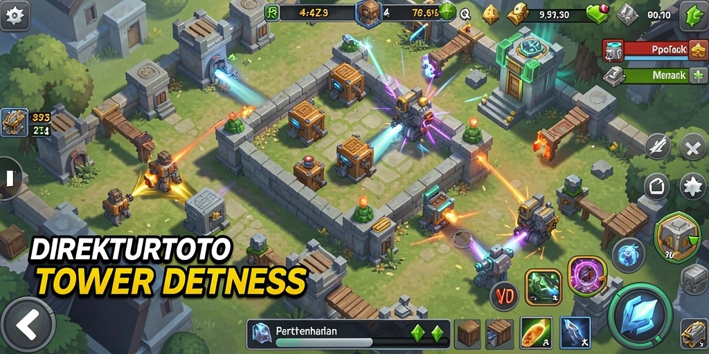 Tangkapan layar gameplay DIREKTURTOTO menampilkan tower yang kuat dan musuh yang menantang.
