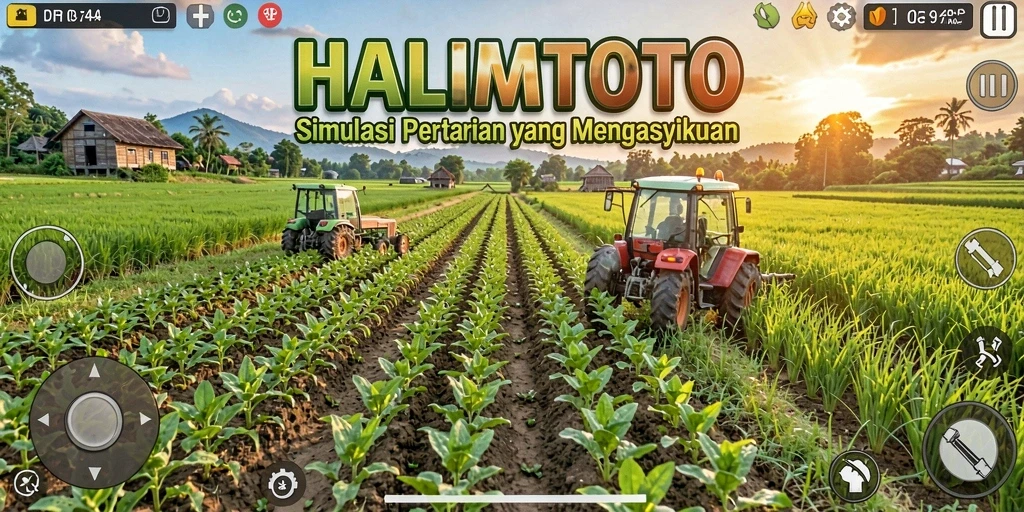Screenshot gameplay HALIMTOTO yang menampilkan ladang dengan berbagai tanaman.