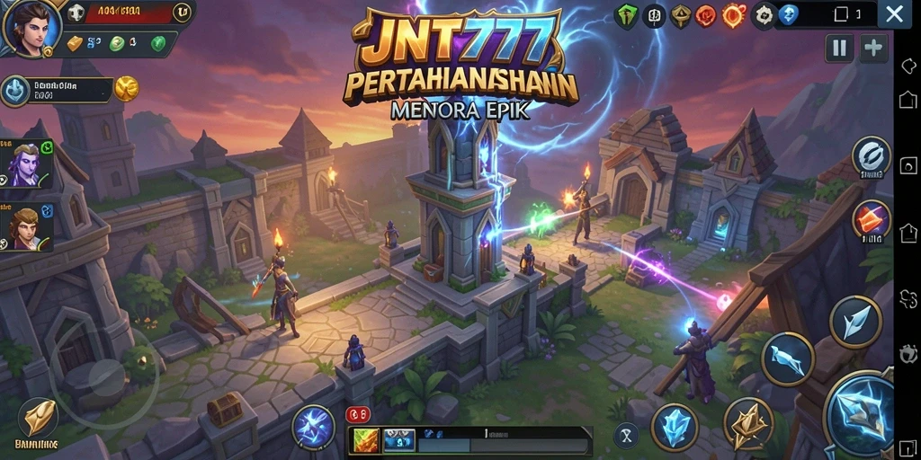 Screenshot JNT777 menunjukkan aksi menara pertahanan melawan gelombang musuh.