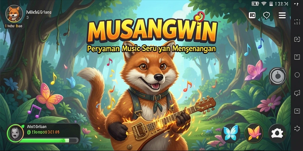 Tangkapan layar utama MUSANGWIN menunjukkan gameplay yang seru dengan lagu-lagu menarik.