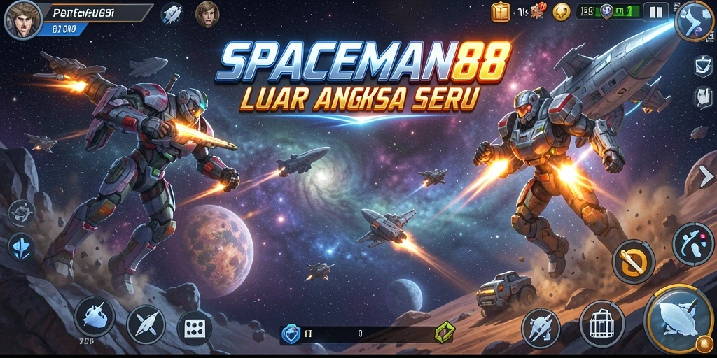 Screenshot ini menampilkan aksi ketegangan pertempuran luar angkasa di SPACEMAN88.